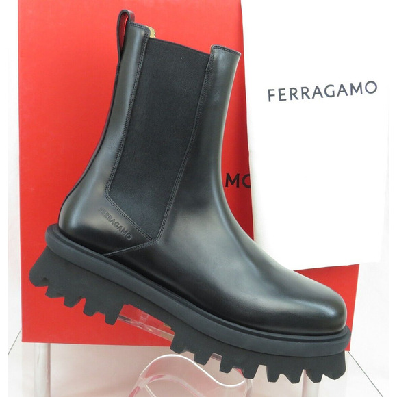 NIB FERRAGAMO FLASH BLACK LEATHER LOGO PLATFORM PULL CHELSEA ANKLE BOOTS 13 M - Picture 4 of 14